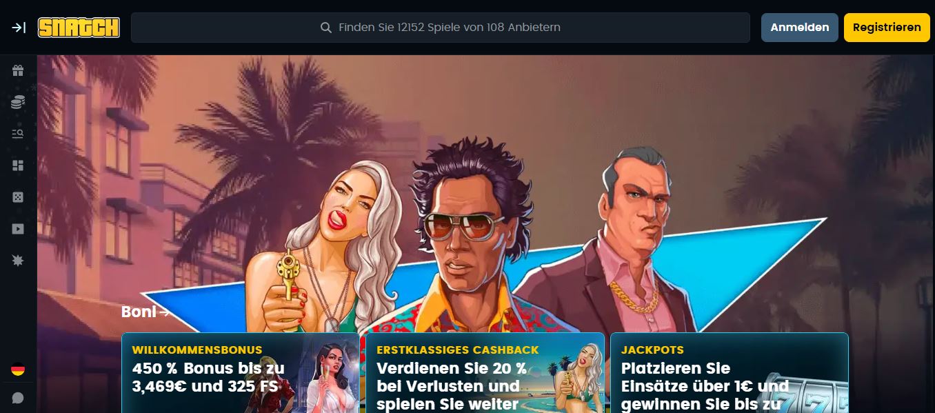 Snatch Casino Startseite mit 450% Willkommensbonus entdecken