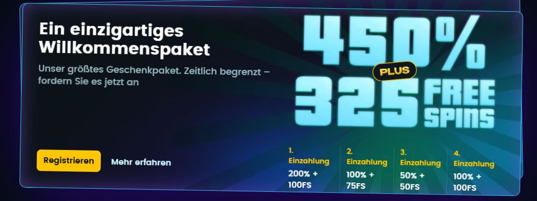 450% Bonus und 325 Freispiele bei erster Einzahlung erhalten